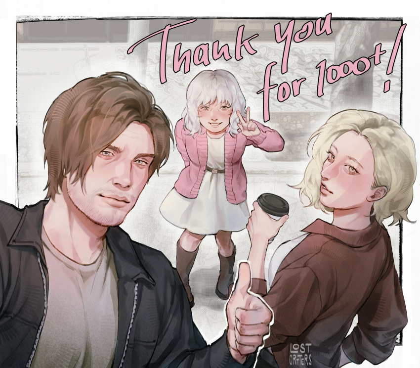 1boy, 2girls, aegyo_sal, beard_stubble, black_jacket, blonde_hair, blue_eyes, bob_cut