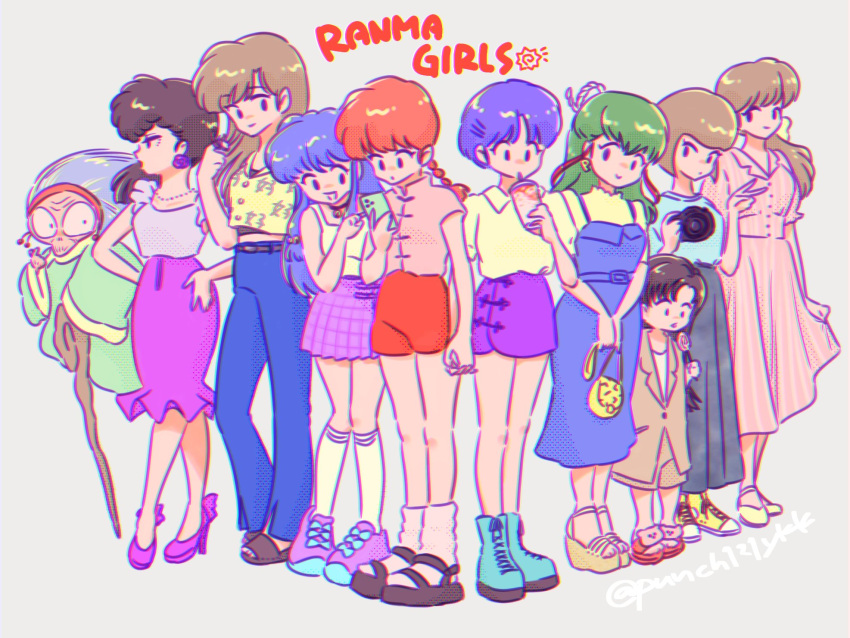 6+girls, bag, blue_boots, blue_dress, blue_pants, blue_shirt, boots, braid