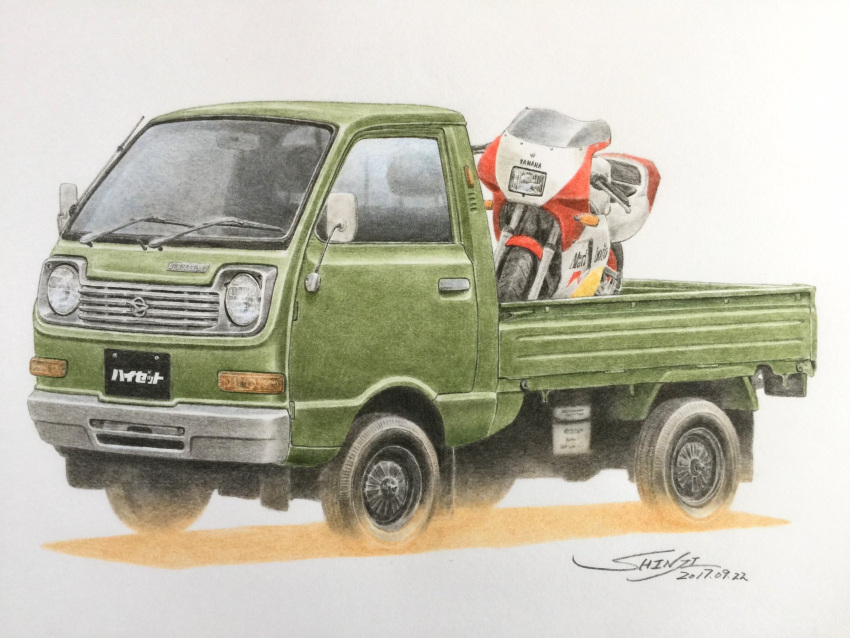 car, colored_pencil_(medium), commentary_request, daihatsu_hijet, dated, green_car, highres, kei_truck