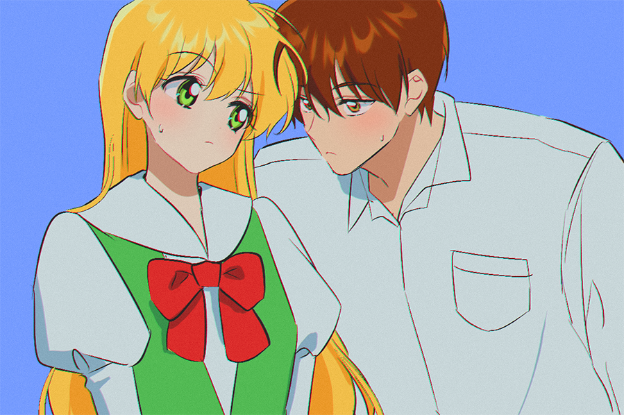 1boy, 1girl, blonde_hair, blush, bow, bowtie, brown_hair, collared_shirt