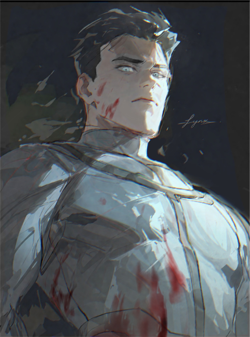 1boy, black_hair, blood, blood_on_clothes, blood_on_face, blue_eyes, closed_mouth, commentary