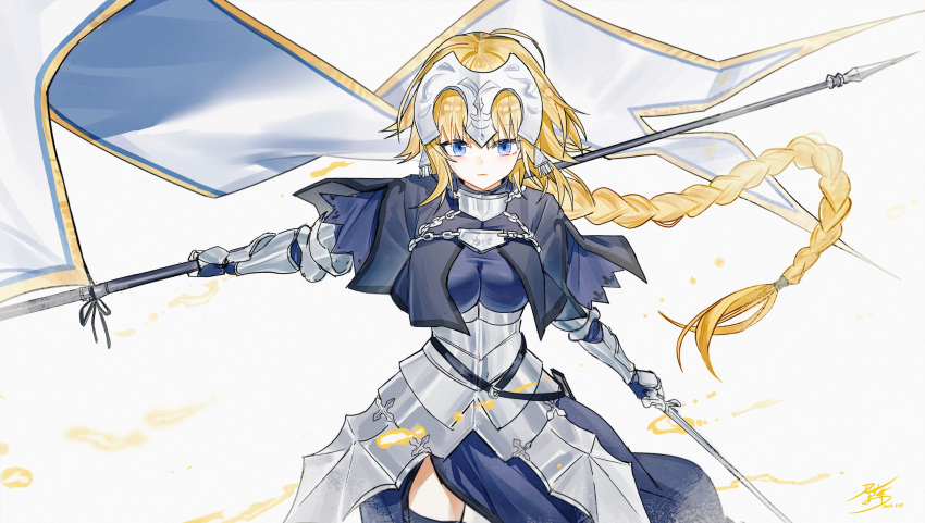 1girl, armor, armored_dress, asymmetrical_dual_wielding, banner, blonde_hair, blue_capelet, blue_dress