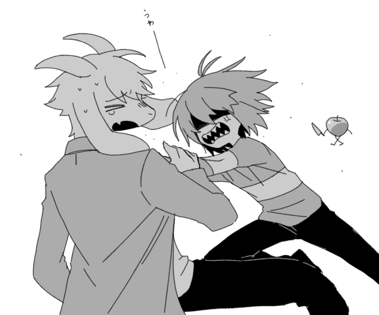 >_<, 1boy, 1other, adoptive_siblings, androgynous, animal_ears, apple, asriel_dreemurr