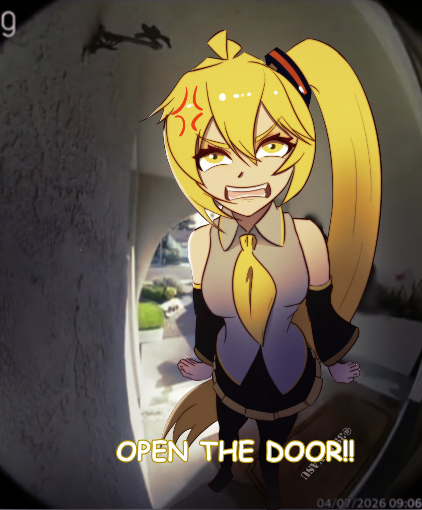 1girl, 39suyasu, absurdres, akita_neru, anger_vein, antenna_hair, bare_shoulders, black_boots