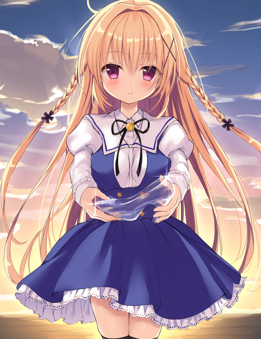 1girl, backlighting, black_ribbon, black_thighhighs, blonde_hair, blue_dress, blue_sky, blush