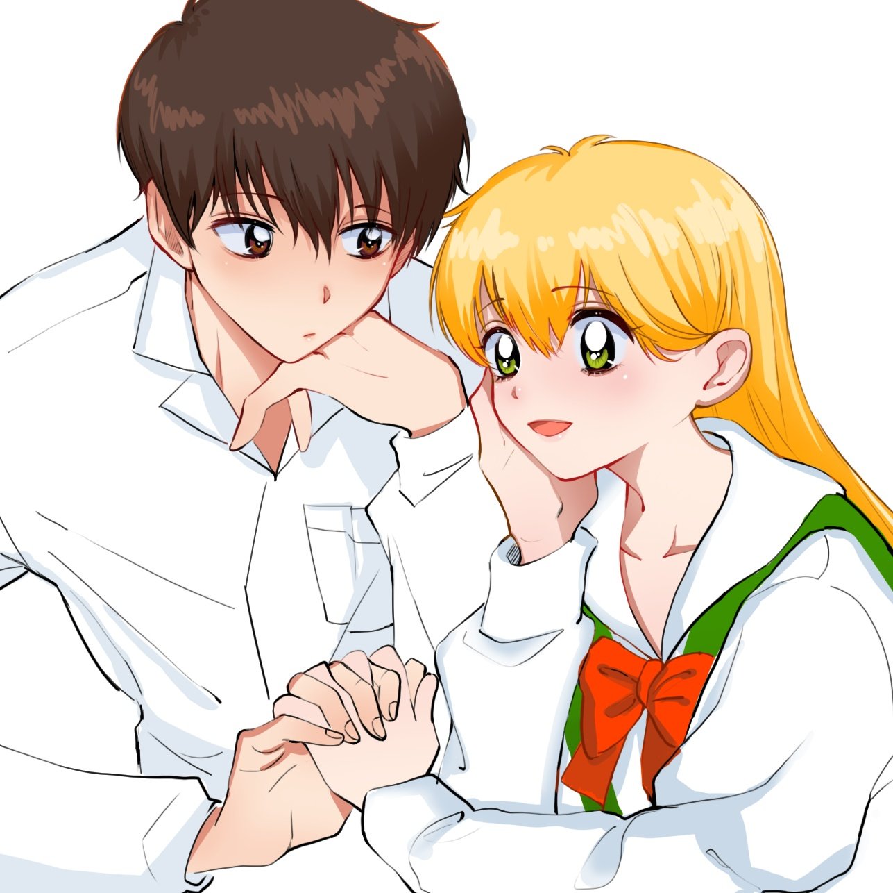 1boy, 1girl, blush, bow, bowtie, brown_eyes, brown_hair, commentary_request