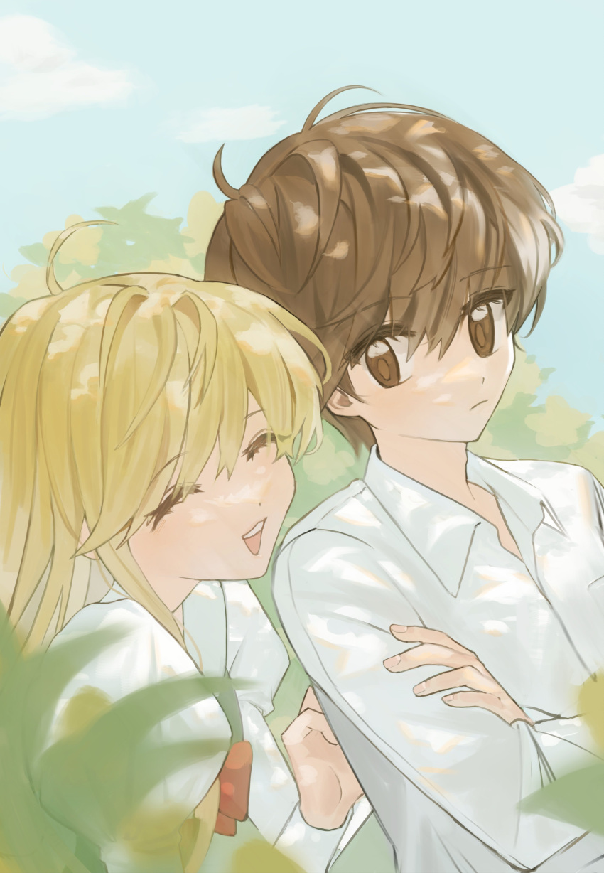 1boy, 1girl, ^_^, absurdres, blonde_hair, blunt_bangs, blush, brown_eyes
