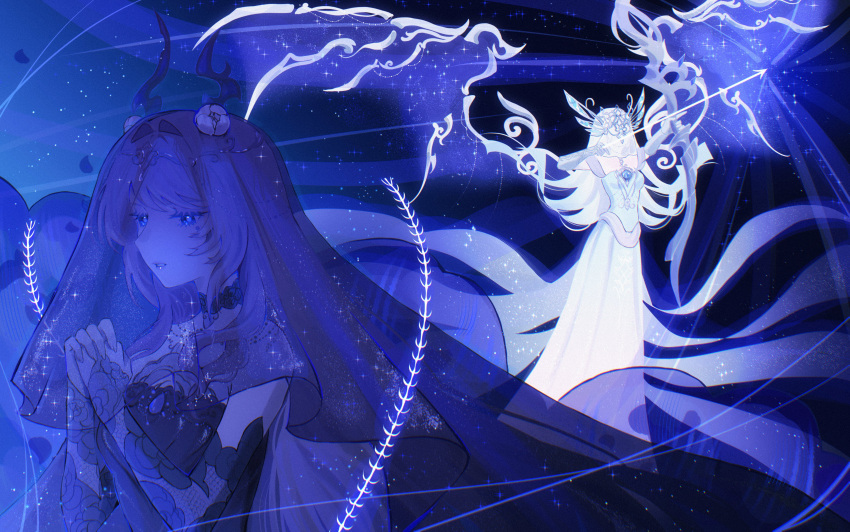2girls, absurdly_long_hair, absurdres, arrow_(projectile), black_background, black_choker, black_dress, black_horns