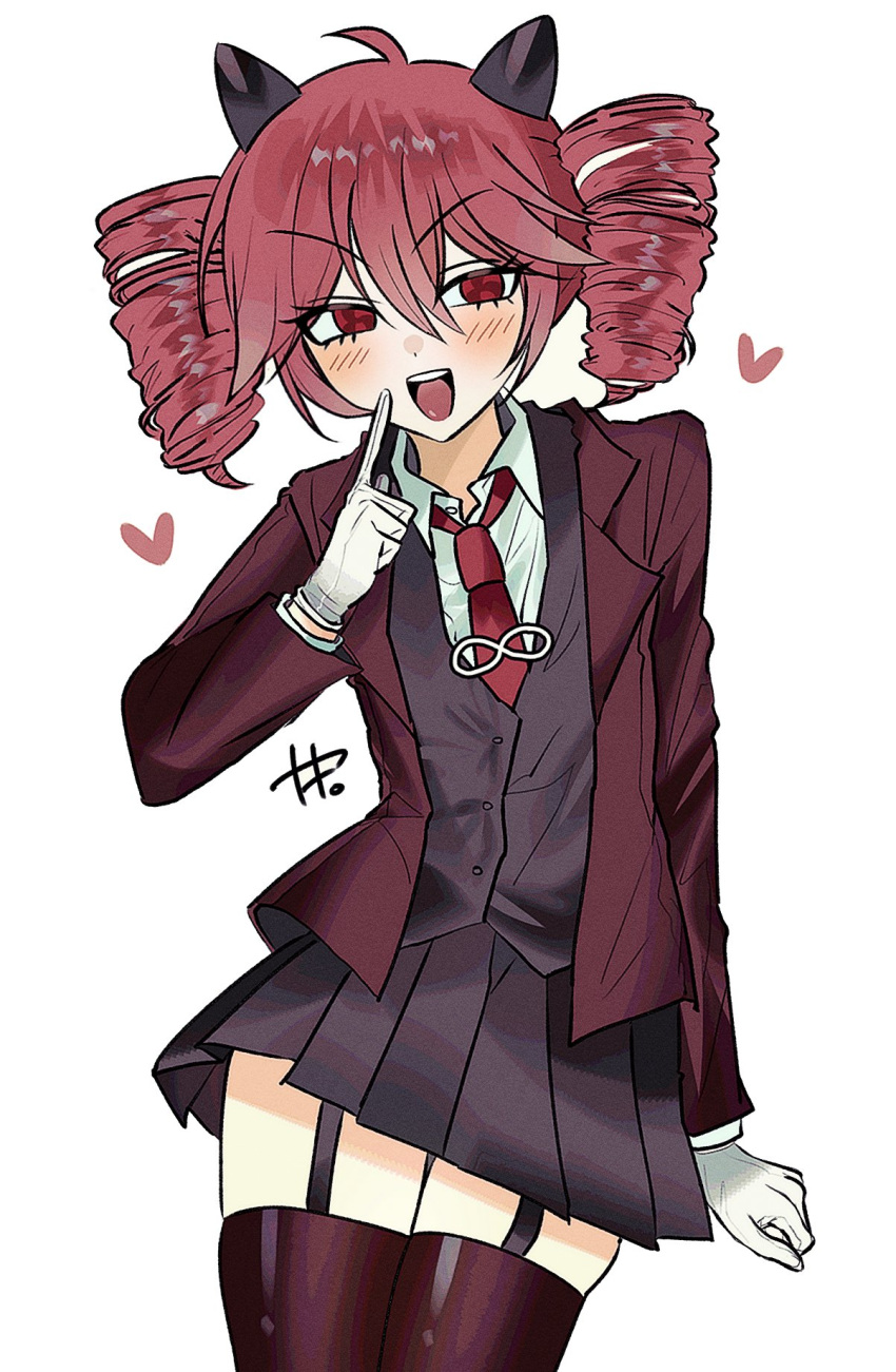 1girl, black_horns, black_skirt, blazer, blush, commentary_request, cowboy_shot, d2nto, dot_nose, double-parted_bangs, drill_hair, execution_clap_(synthesizer_v), garter_straps, gloves, hair_between_eyes, heart, highres, horns, index_finger_raised, infinity_symbol, jacket, kasane_teto, kasane_teto_(sv), looking_at_viewer, necktie, pleated_skirt, red_eyes, red_hair, red_necktie, shirt, sidelocks, simple_background, skindentation, skirt, solo, synthesizer_v, teeth, thigh-highs, twin_drills, upper_teeth_only, utau, vest, white_background, white_gloves, white_shirt, zettai_ryouiki