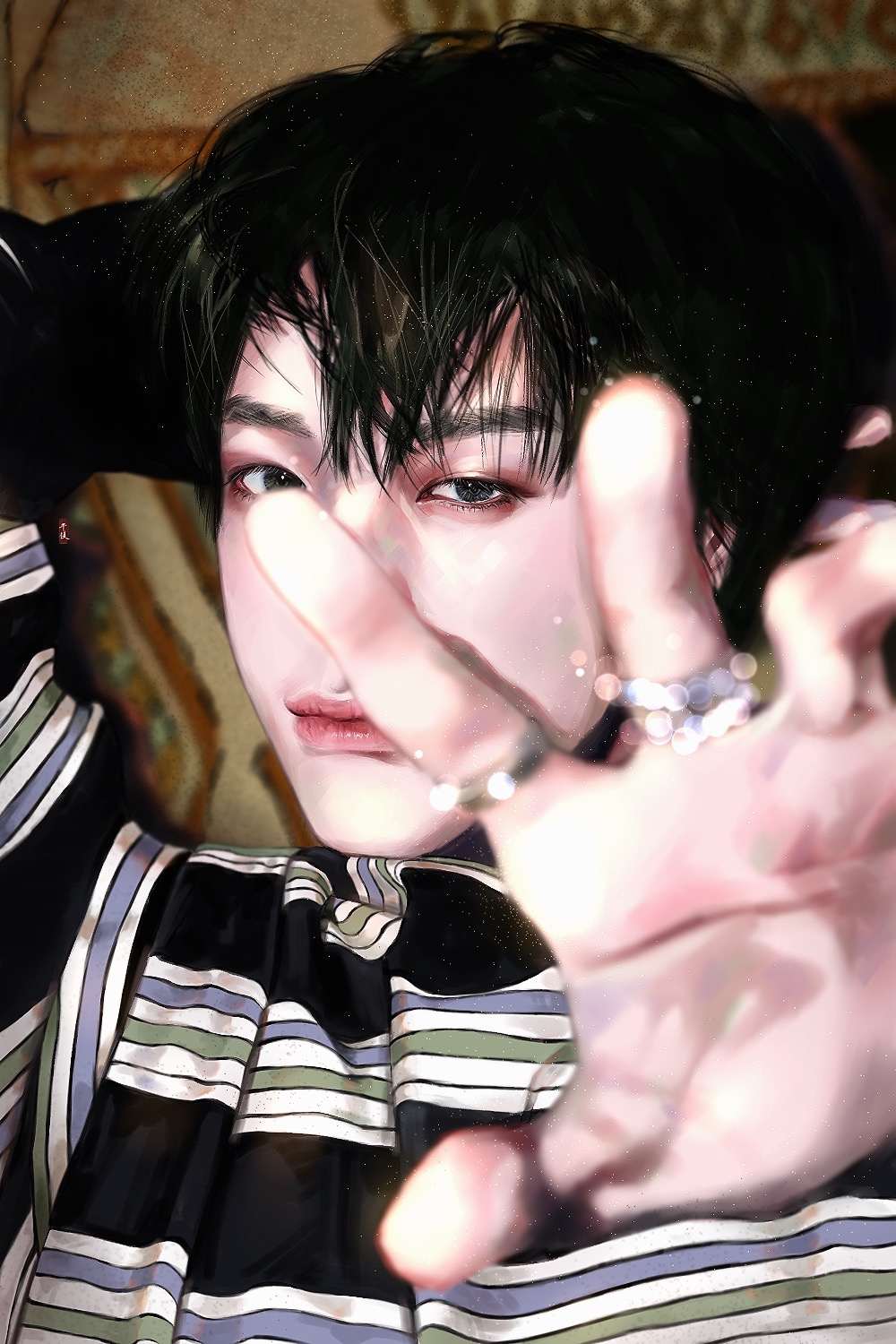 1boy, 5_hu, black_hair, commentary_request, eyeliner, eyeshadow, hair_between_eyes, highres
