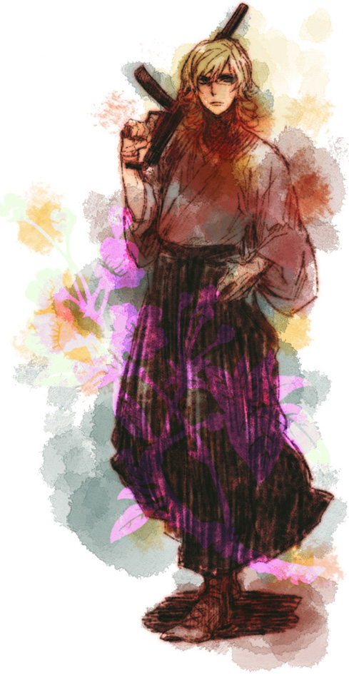 barnaby_brooks_jr, blonde_hair, glasses, green_eyes, gun, h&amp;k_mp5, japanese_clothes, male