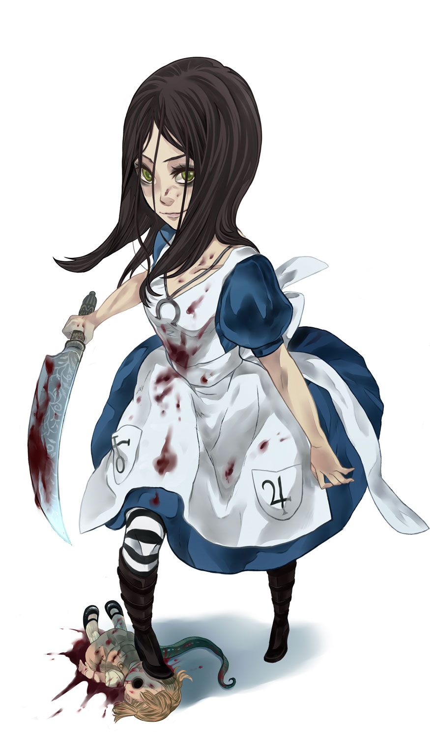 alice_(wonderland), alice_in_wonderland, american_mcgee's_alice, bad_id, black_hair, blood, boots, doll