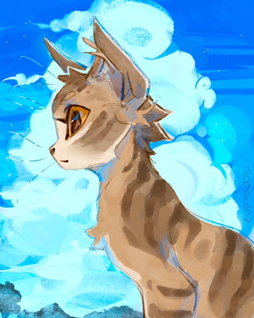 animal, animal_focus, brown_cat, brown_eyes, cat, clouds, commentary, from_side, graypillow, highres, leafstar, no_humans, outdoors, painterly, profile, signature, sky, solo, tabby_cat, upper_body, warrior_cats, whiskers