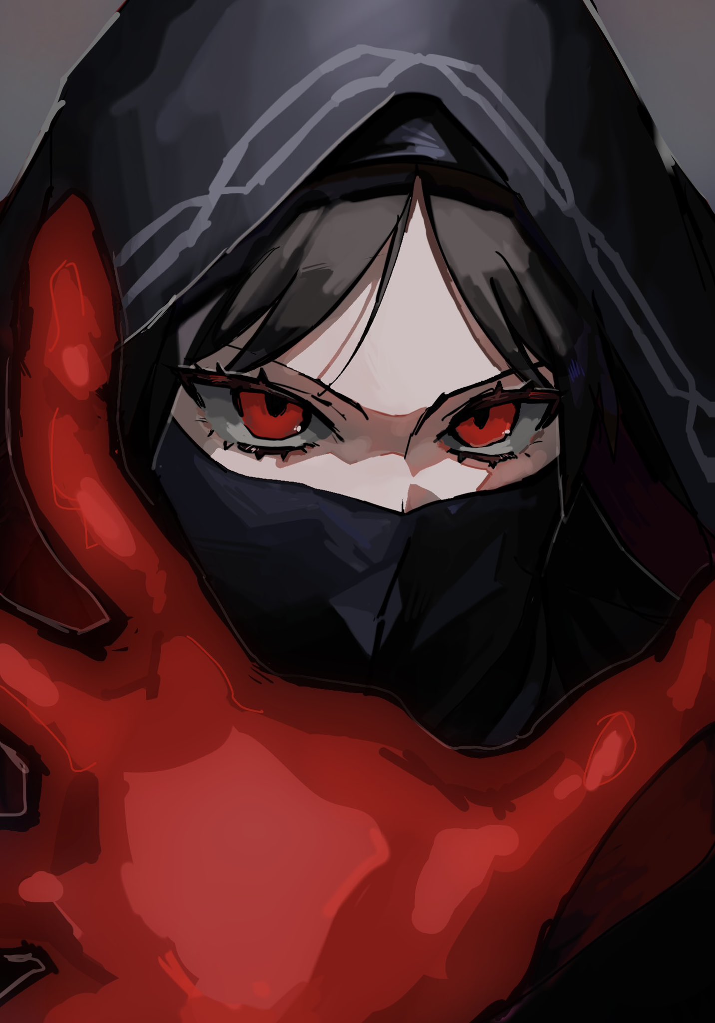 1girl, black_hair, commentary_request, covered_mouth, fate/strange_fake, fate_(series), grey_background, highres