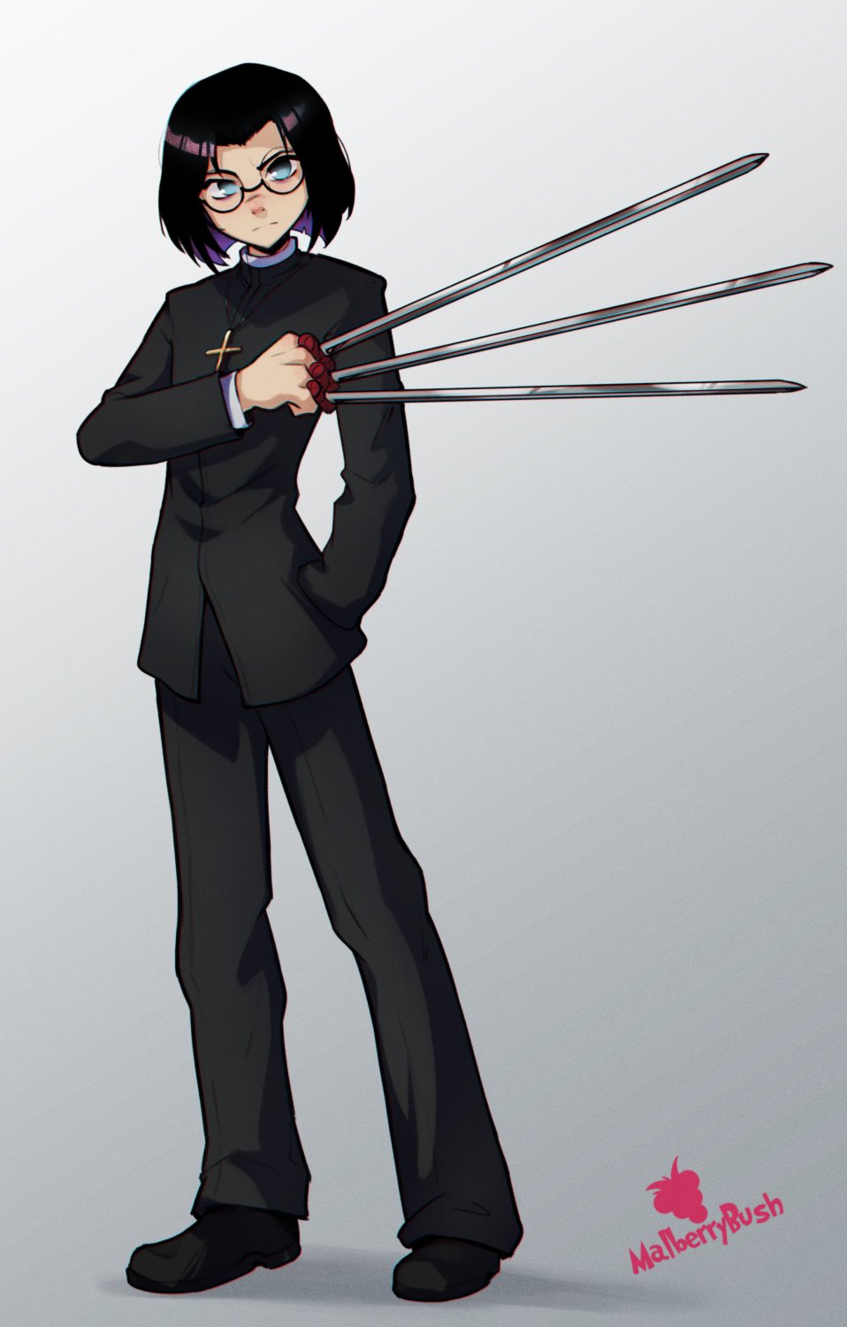 1girl, artist_name, between_fingers, black_hair, black_jacket, black_keys_(type-moon), black_pants, black_shoes