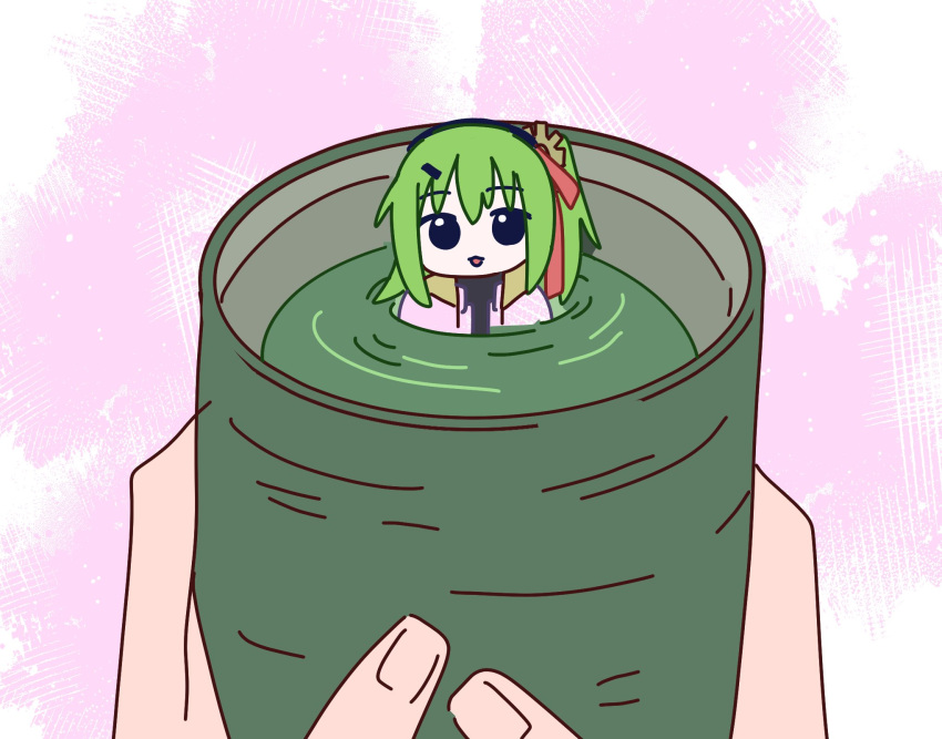 1girl, chahakobi_meguri, commentary, cup, food, gear_hair_ornament, green_hair, green_tea