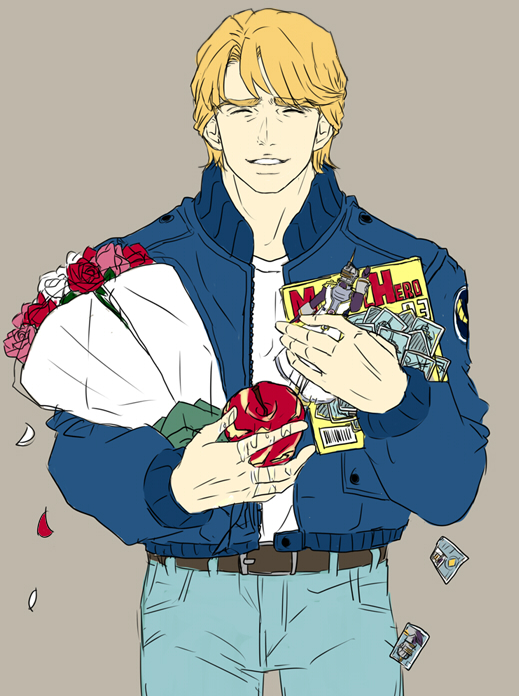 apple, bad_id, blonde_hair, blue_jacket, bomber_jacket, bouquet, character_doll, closed_eyes, eyes_closed, flat_color, flower, food, fruit, holding, holding_apple, holding_fruit, jacket, jeans, keith_goodman, magazine, male, neshichi, photo_(object), short_hair, sky_high, smile, solo, tiger_&amp;_bunny