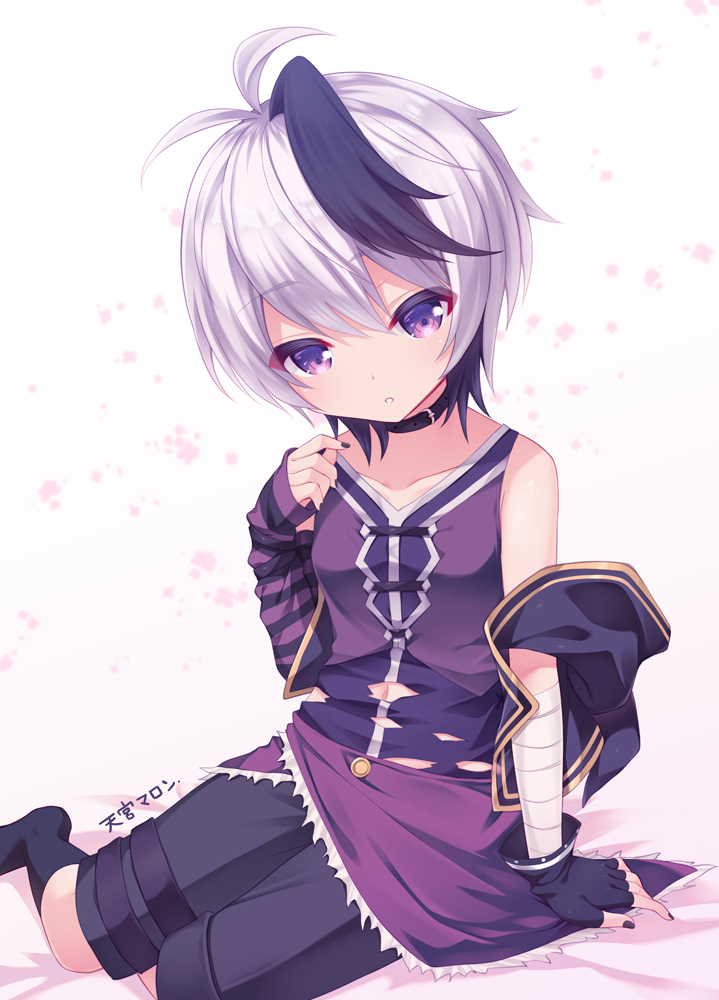 1girl, amamiya_marron, androgynous, antenna_hair, arm_warmers, bandaged_arm, bandages, collar