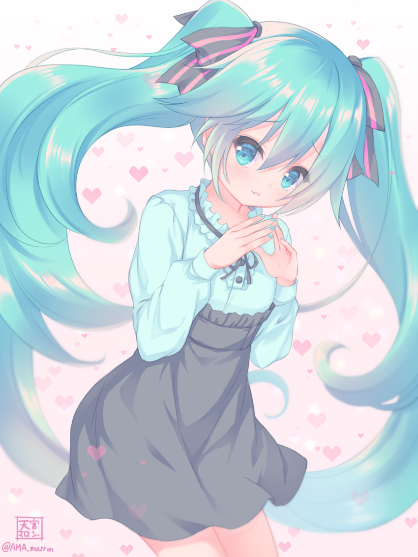 1girl, amamiya_marron, aqua_eyes, black_ribbon, blue_shirt, commentary, gradient_background, grey_skirt