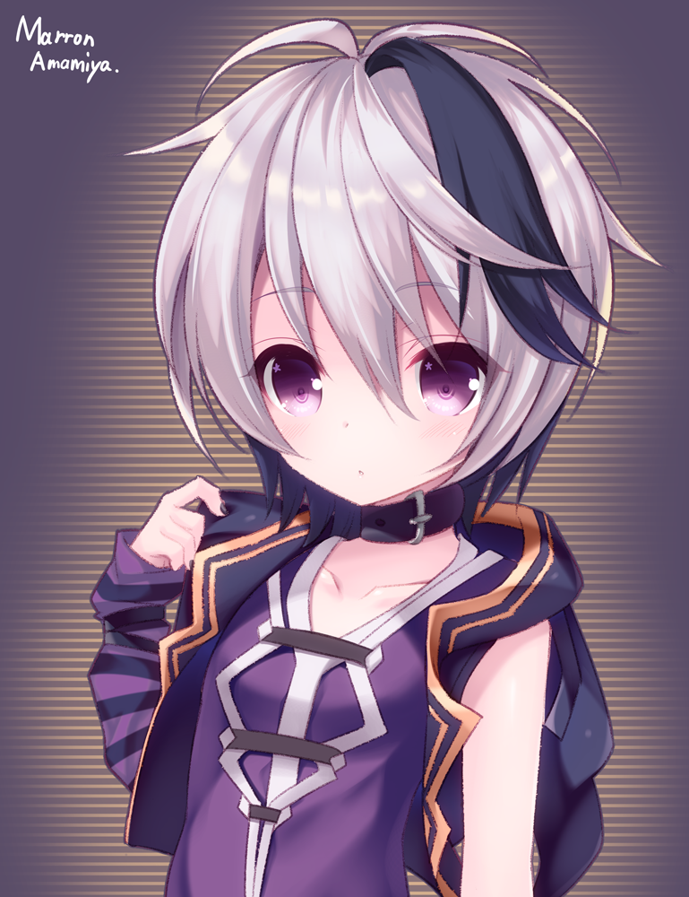 1girl, amamiya_marron, androgynous, antenna_hair, arm_warmers, artist_name, collar, commentary_request