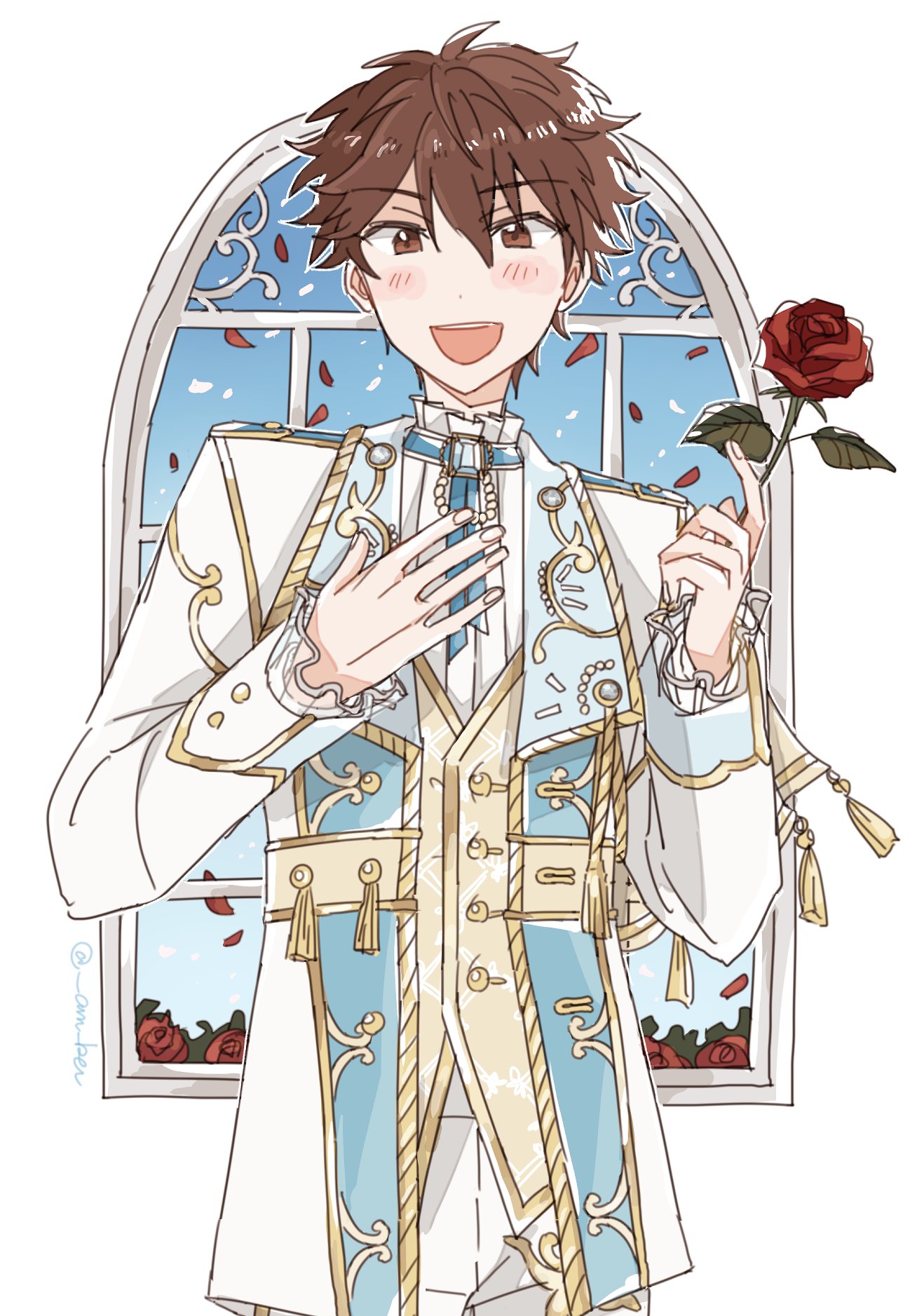 1boy, am_ber, brown_eyes, brown_hair, buttons, commentary, cowboy_shot, dot_nose, ensemble_stars!, falling_petals, fingernails, flower, frilled_sleeves, frills, hand_on_own_chest, hands_up, highres, holding, holding_flower, layered_clothes, long_sleeves, looking_at_viewer, male_focus, morisawa_chiaki, official_alternate_costume, open_mouth, petals, red_petals, rose, short_hair, smile, solo, teeth, untranslatable_commentary, upper_teeth_only, window