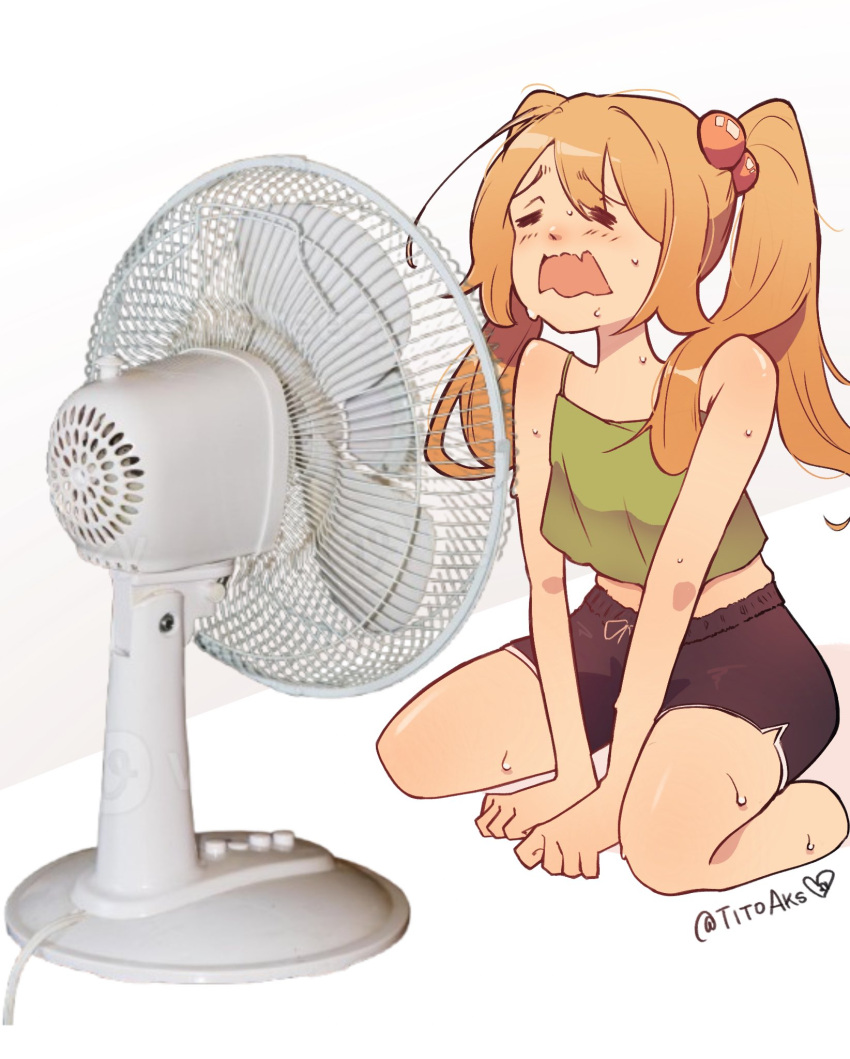 amputee, black_shorts, blush, closed_eyes, commentary, crop_top, english_commentary, hair_ornament