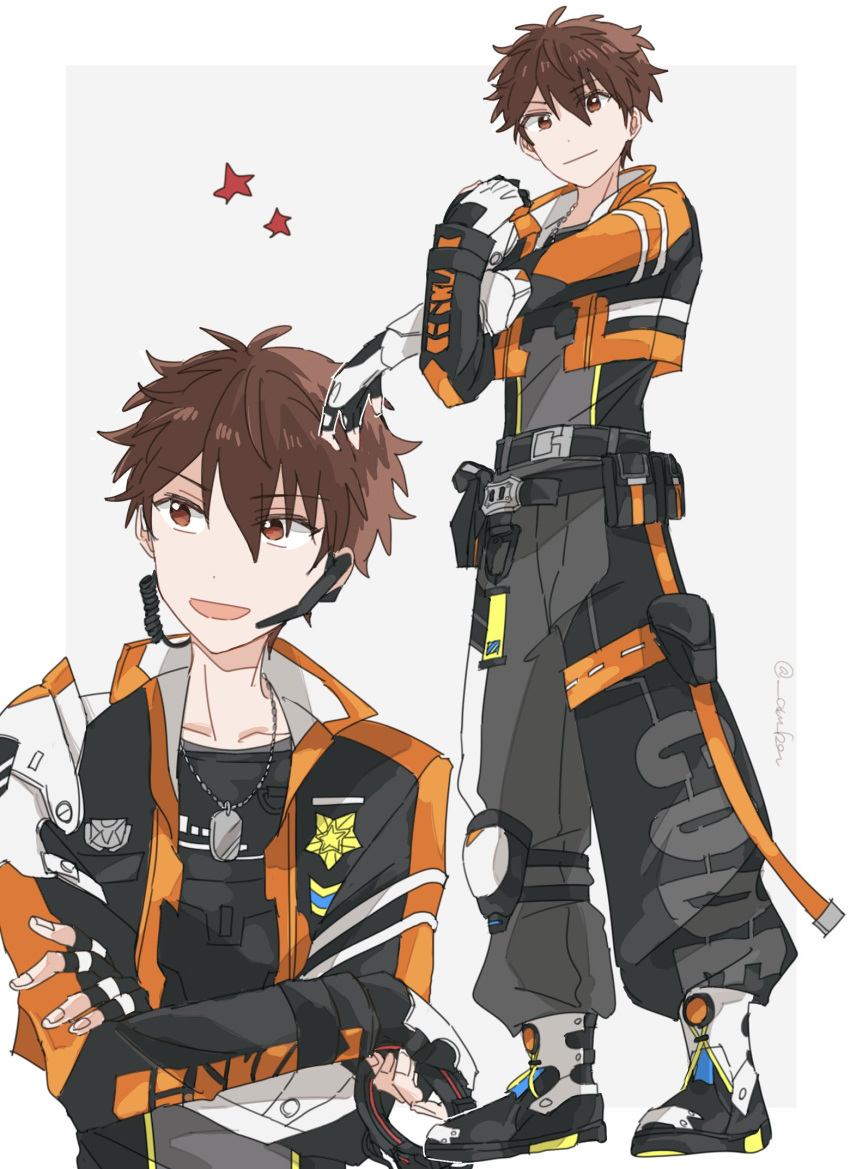 1boy, am_ber, belt, border, brown_eyes, brown_hair, closed_mouth, crossed_arms