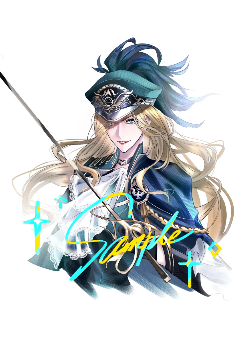 1girl, ascot, augustus_(path_to_nowhere), blonde_hair, grin, hat, hat_feather, highres