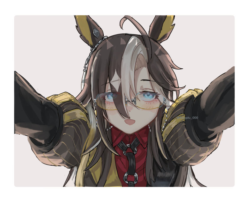 :d, animal_ear_piercing, animal_ears, blue_eyes, blush, blush_stickers, character_pov, colored_inner_animal_ears, commentary, dream_journey_(reminder_of_dreamland)_(umamusume), dream_journey_(umamusume), ear_ornament, eyewear_strap, glasses, gloves, grey_hair, hair_between_eyes, highres, horse_ears, horse_girl, jacket, leather_body_harness, multicolored_hair, multicolored_jacket, red_shirt, shirt, silver_chain, smile, songdu, streaked_hair, tinted_eyewear, twitter_username, umamusume, untranslatable_commentary, white_hair, white_streaks, yellow-tinted_eyewear