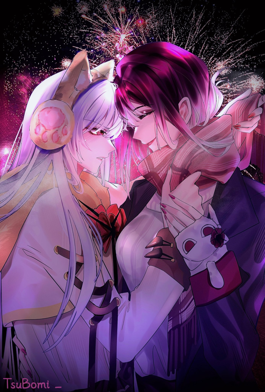 aerial_fireworks, animal_ear_headphones, animal_ears, cat_ear_headphones, cat_ears, closed_eyes, commentary_request, coquelic_(path_to_nowhere)