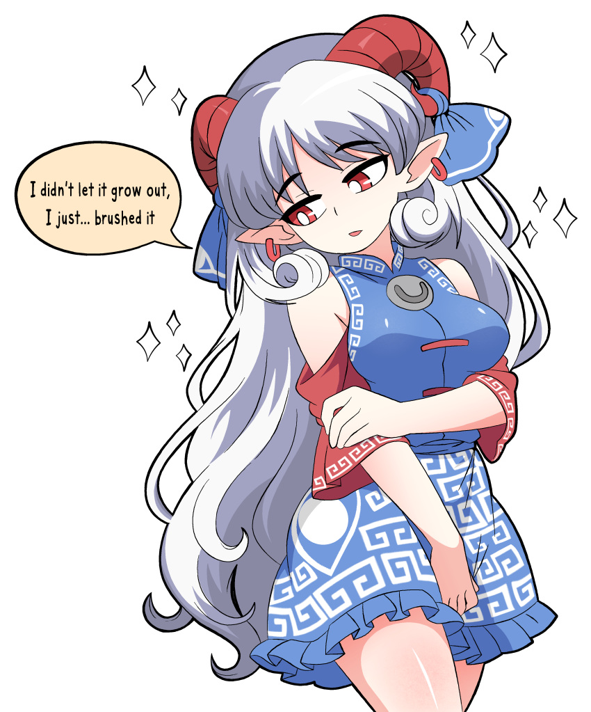 absurdres, bare_shoulders, blue_dress, breasts, curly_hair, dress, earrings, english_text, frilled_dress, frills, hand_on_own_arm, highres, horn_ornament, horn_ribbon, horns, jewelry, long_hair, meandros_print, medium_breasts, red_eyes, ribbon, rui_hill, ruihill, sheep_horns, standing, touhou, toutetsu_yuuma, white_hair