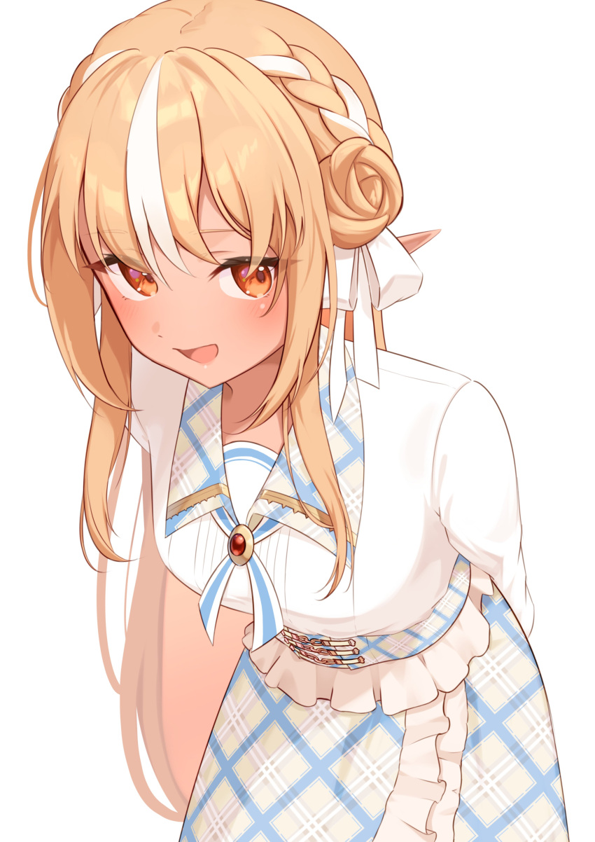 1girl, absurdres, arms_behind_back, blonde_hair, blue_cross_tie, bow, braid, braided_bun