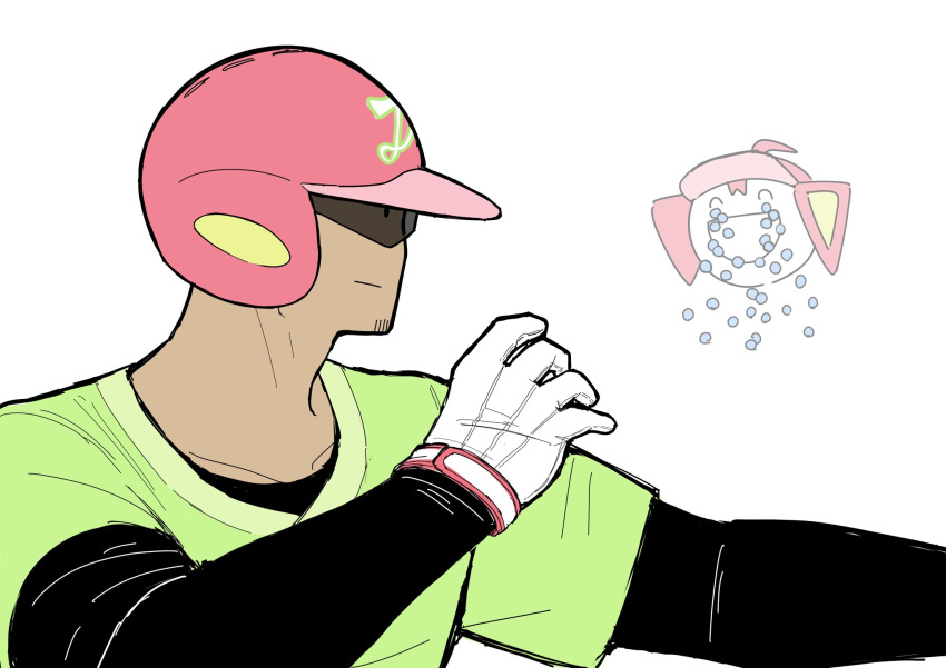 1boy, 1girl, ^_^, baseball_helmet, chibi, chibi_inset, closed_eyes, dark-skinned_male, dark_skin, de_los_santos_(synthesizer_v), gloves, gomashio_lettuce, green_shirt, helmet, highres, kasane_teto, long_sleeves, male_focus, shirt, sideways_mouth, simple_background, solo_focus, synthesizer_v, tears, upper_body, utau, white_background, white_gloves