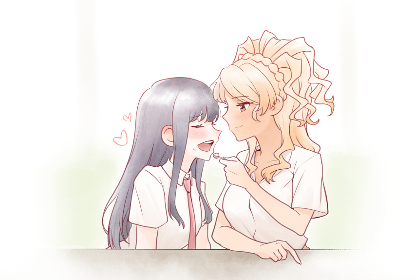 2girls, absurdres, blonde_hair, blush, brown_eyes, closed_eyes, closed_mouth, collared_shirt
