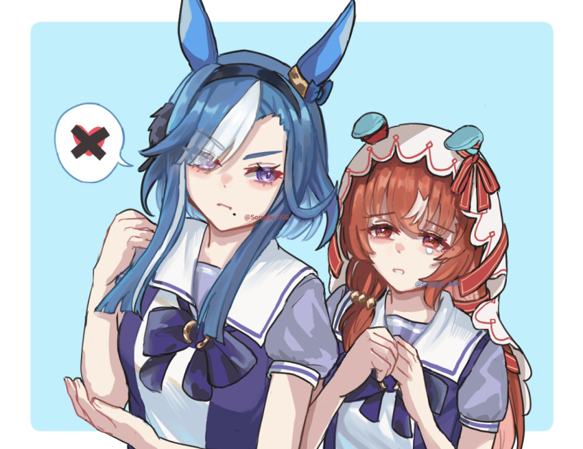 2girls, admire_groove_(umamusume), animal_ears, blue_hair, blush, bow, bowtie, breasts
