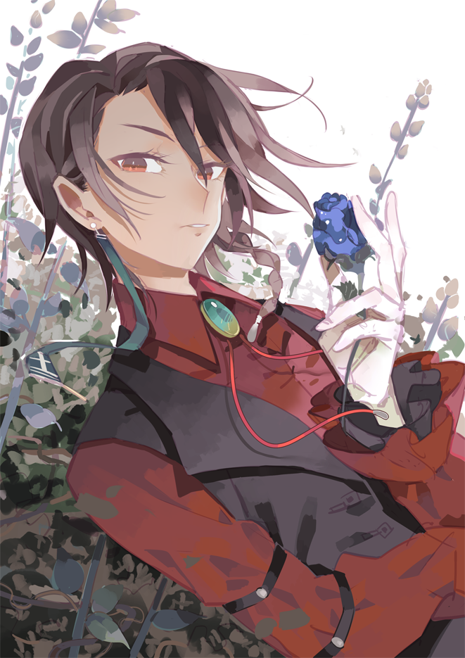 1boy, arm_across_waist, black_vest, blue_flower, brooch, brown_eyes, collared_shirt, commentary_request