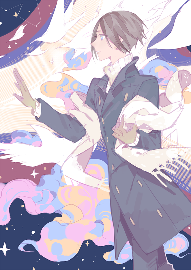 1boy, bird, black_coat, black_pants, blue_eyes, brown_gloves, brown_hair, buttons