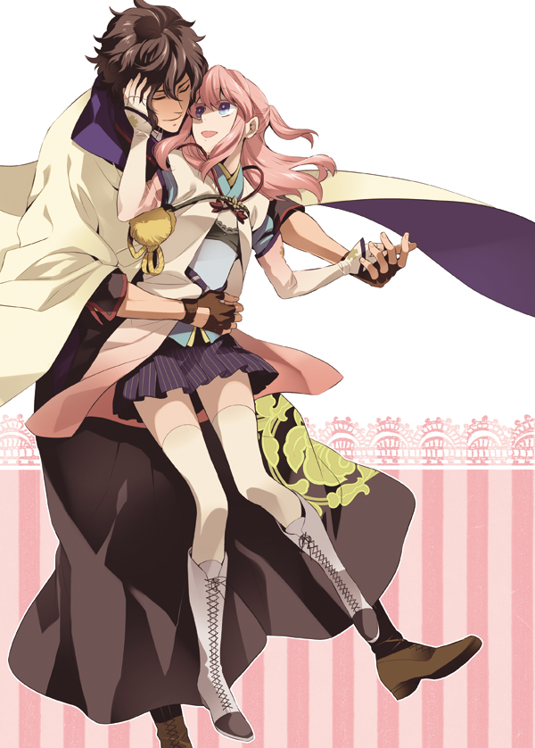 1girl, blue_eyes, boots, chamameko, closed_eyes, couple, eyes_closed, hand_holding