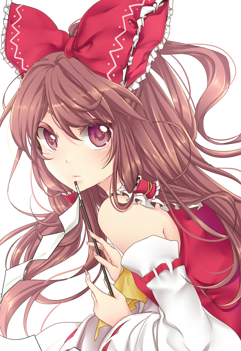 ascot, bare_shoulders, bow, brown_eyes, brown_hair, colored_eyelashes, detached_sleeves, dress