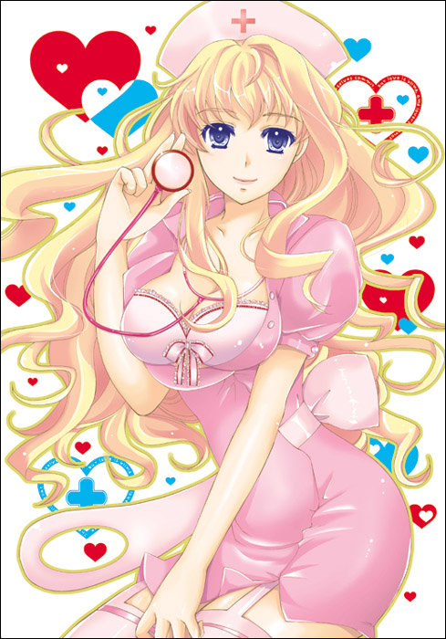 blonde_hair, blue_eyes, bra, breasts, garter_straps, hat, heart, lingerie