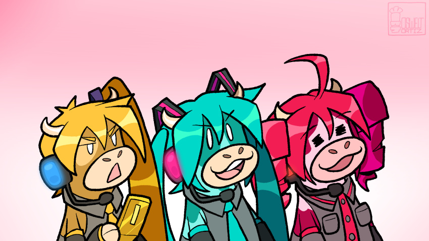 3girls, ahoge, akita_neru, animalization, aqua_hair, blonde_hair, cellphone, collared_shirt