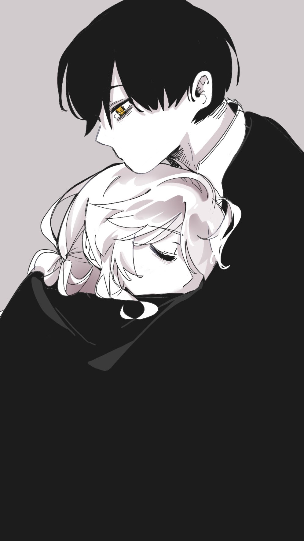 2boys, bags_under_eyes, black_hair, black_jacket, charles_eyler, closed_eyes, collared_shirt, commentary_request, exhausted, grey_background, head_on_chest, head_rest, hello_ch1q84, hello_charlotte, highres, hug, jacket, korean_commentary, medium_hair, multiple_boys, no_mouth, shirt, short_hair, simple_background, tearing_up, vincent_wordsworth, wavy_hair, white_hair, white_shirt, yellow_eyes