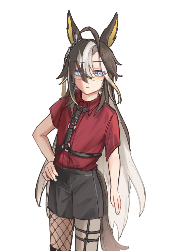 ahoge, animal_ear_fluff, animal_ear_piercing, animal_ears, black_shorts, blue_eyes, collared_shirt, colored_inner_animal_ears, dream_journey_(reminder_of_dreamland)_(umamusume), dream_journey_(umamusume), eyewear_strap, glasses, hair_between_eyes, hand_on_own_hip, horse_ears, horse_girl, horse_tail, leather_body_harness, leather_strap, looking_to_the_side, multicolored_hair, no_coat, no_jacket, piercing, shirt, shorts, silver_chain, single_fishnet_legwear, songdu, streaked_hair, tail, tinted_eyewear, umamusume, white_background, white_hair, white_streaks