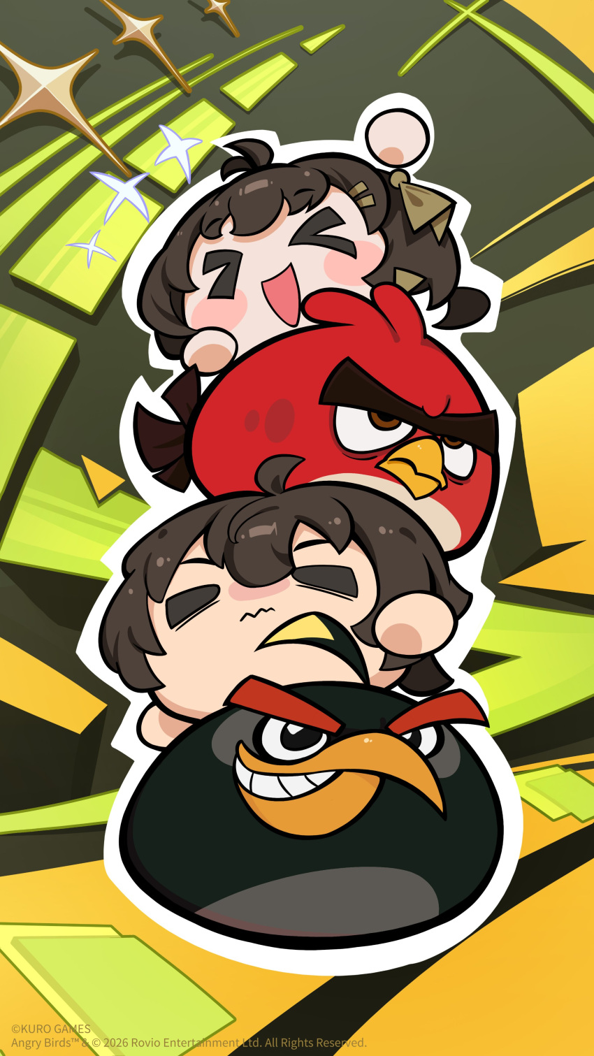 >_<, absurdres, angry_birds, ball_hands, bird, black_hair, bomb_(angry_birds), closed_mouth