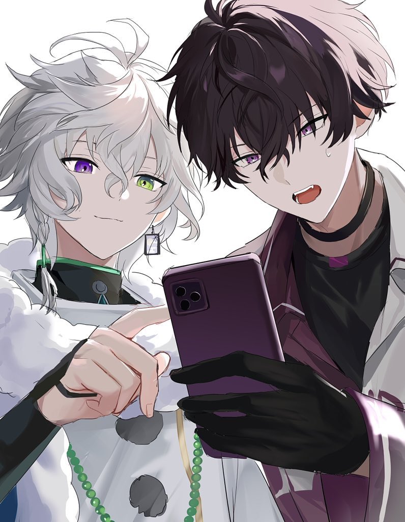 2boys, antenna_hair, black_choker, black_gloves, black_hair, braid, cellphone, choker, closed_mouth, commentary, gloves, grey_hair, hair_between_eyes, heterochromia, holding, holding_phone, index_finger_raised, long_sleeves, looking_at_phone, male_focus, multiple_boys, murakumo_kagetsu, murakumo_kagetsu_(1st_costume), nijisanji, open_mouth, phone, pointing, pointing_at_object, saiki_ittetsu, saiki_ittetsu_(1st_costume), short_hair, side_braid, simple_background, smartphone, tuna27tadano, upper_body, violet_eyes, virtual_youtuber, white_background