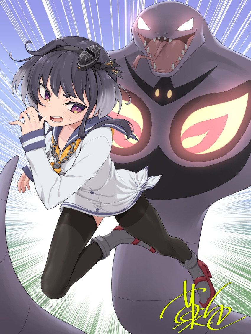 1girl, anchor_symbol, arbok, black_hair, black_thighhighs, blue_sailor_collar, chain, commentary_request