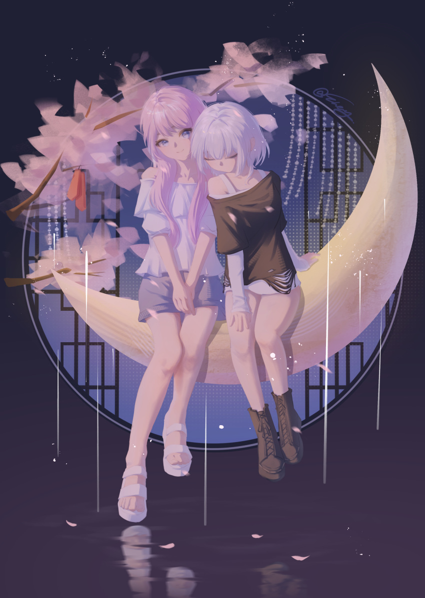 2girls, absurdres, bang_dream!, bang_dream!_it's_mygo!!!!!, black_boots, blue_eyes, boots, chihaya_anon, commentary_request, crescent, ehey, flower, grey_hair, grey_shorts, hand_on_own_thigh, highres, kaname_raana, layered_sleeves, leaning_on_person, leaning_to_the_side, long_sleeves, looking_at_viewer, multiple_girls, off-shoulder_shirt, off_shoulder, own_hands_together, photo-referenced, pink_flower, pink_hair, procreate_(medium), round_window, sandals, shirt, short_over_long_sleeves, short_sleeves, shorts, sitting, white_sandals, window