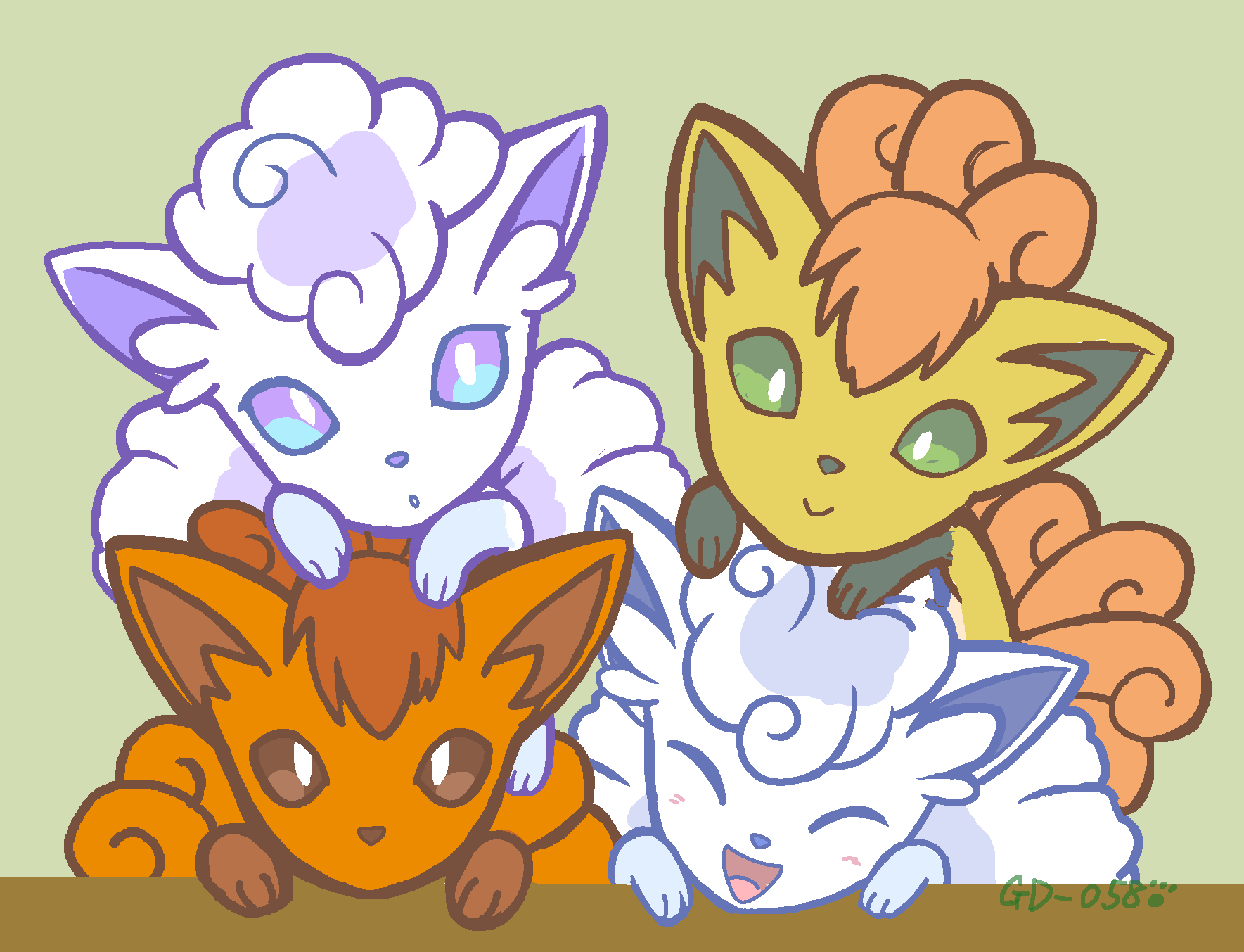 :o, alolan_vulpix, alternate_color, animal_focus, artist_name, closed_eyes, closed_mouth, commentary_request