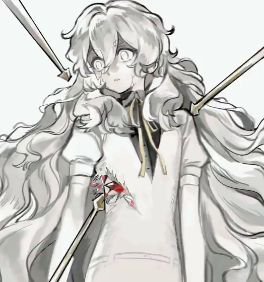 1girl, arrow_(projectile), arrow_in_body, black_shirt, buttons, charlotte_wiltshire, collared_shirt, cracked_skin