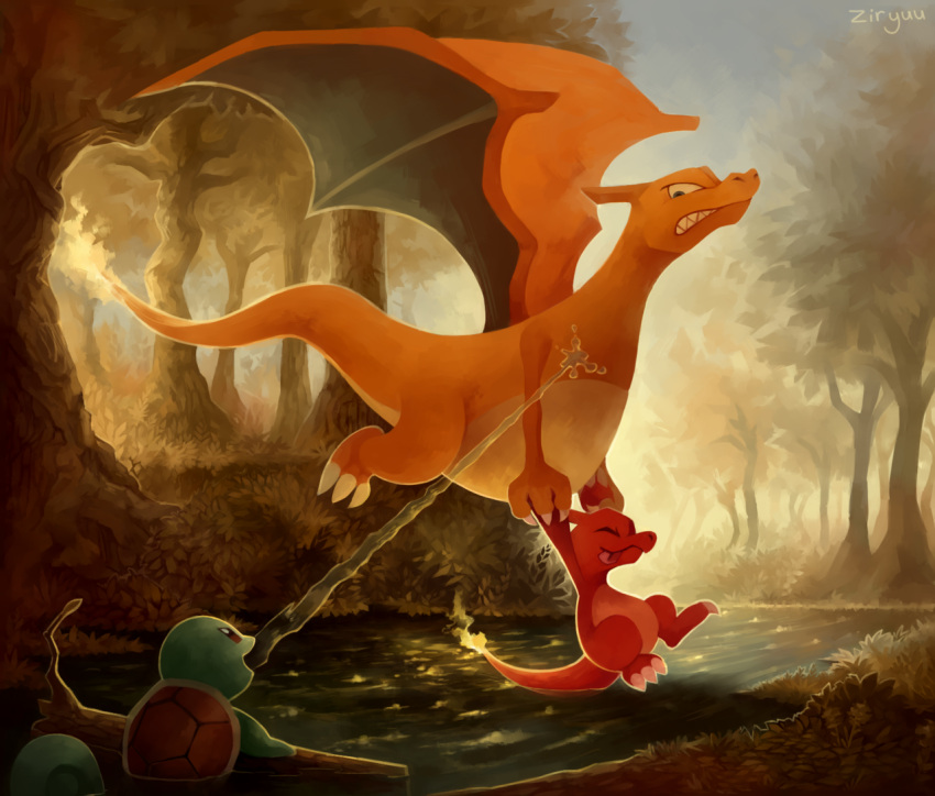 carrying, charizard, charmeleon, claws, flying, forest, full_body, grimace